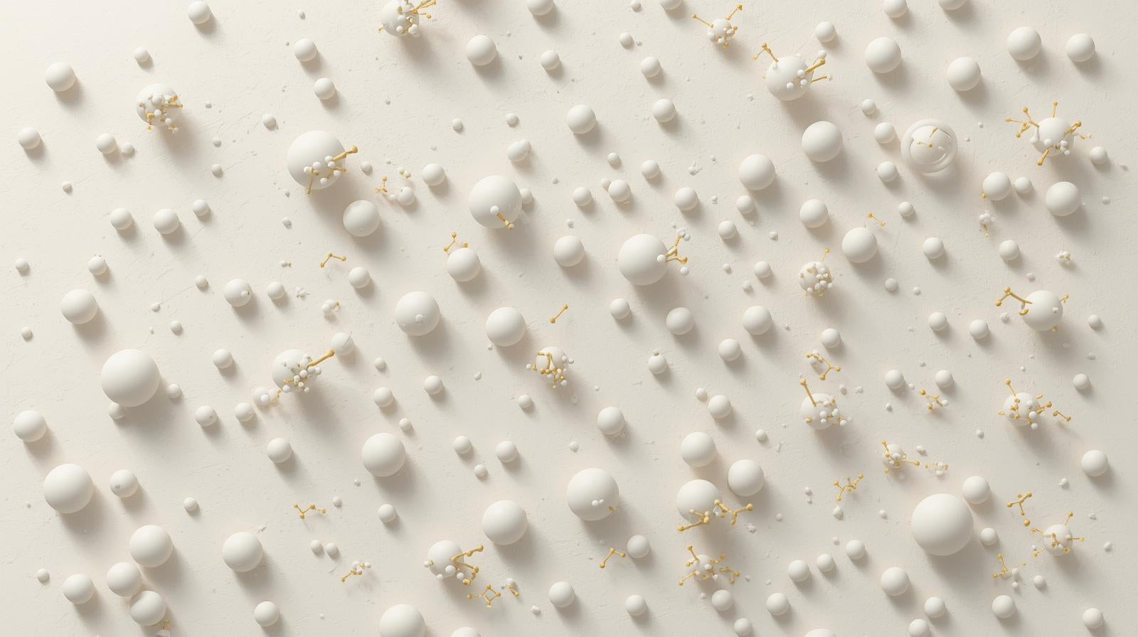 Clean scientific diagram showing protein particles evenly dispersed among other formulation components, minimal educational design