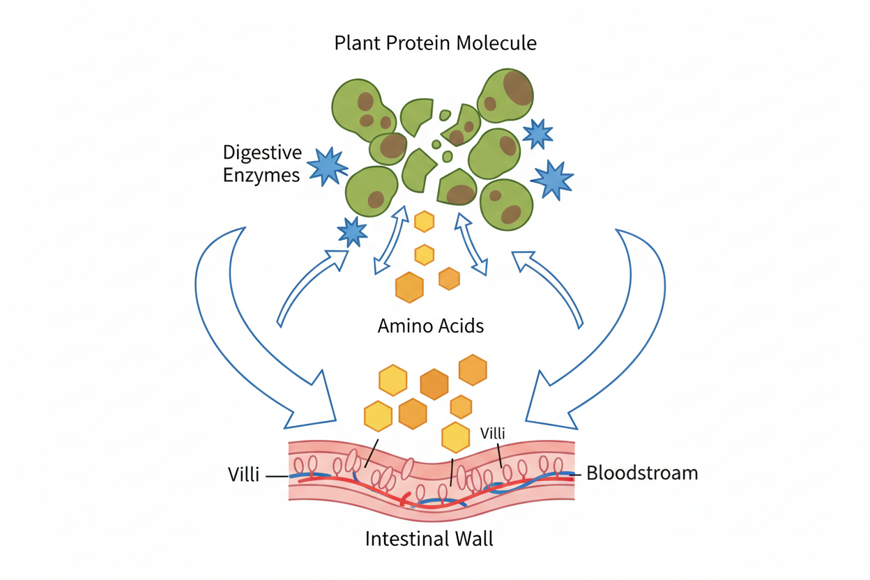 Illustration explaining plant protein digestive efficiency and how plant proteins are broken down during digestion