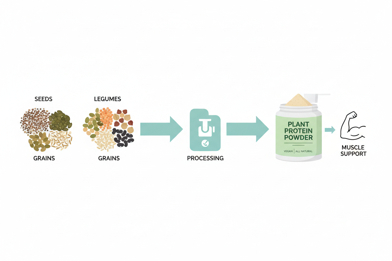 Illustration explaining plant protein sources and how plant protein is made for beginners