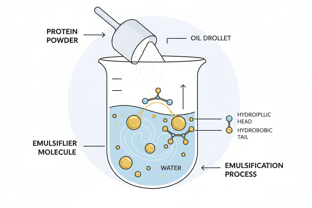 clean educational illustration showing protein powder mixing into liquid with labeled emulsifier molecules helping oil and water combine minimalist food science infographic style