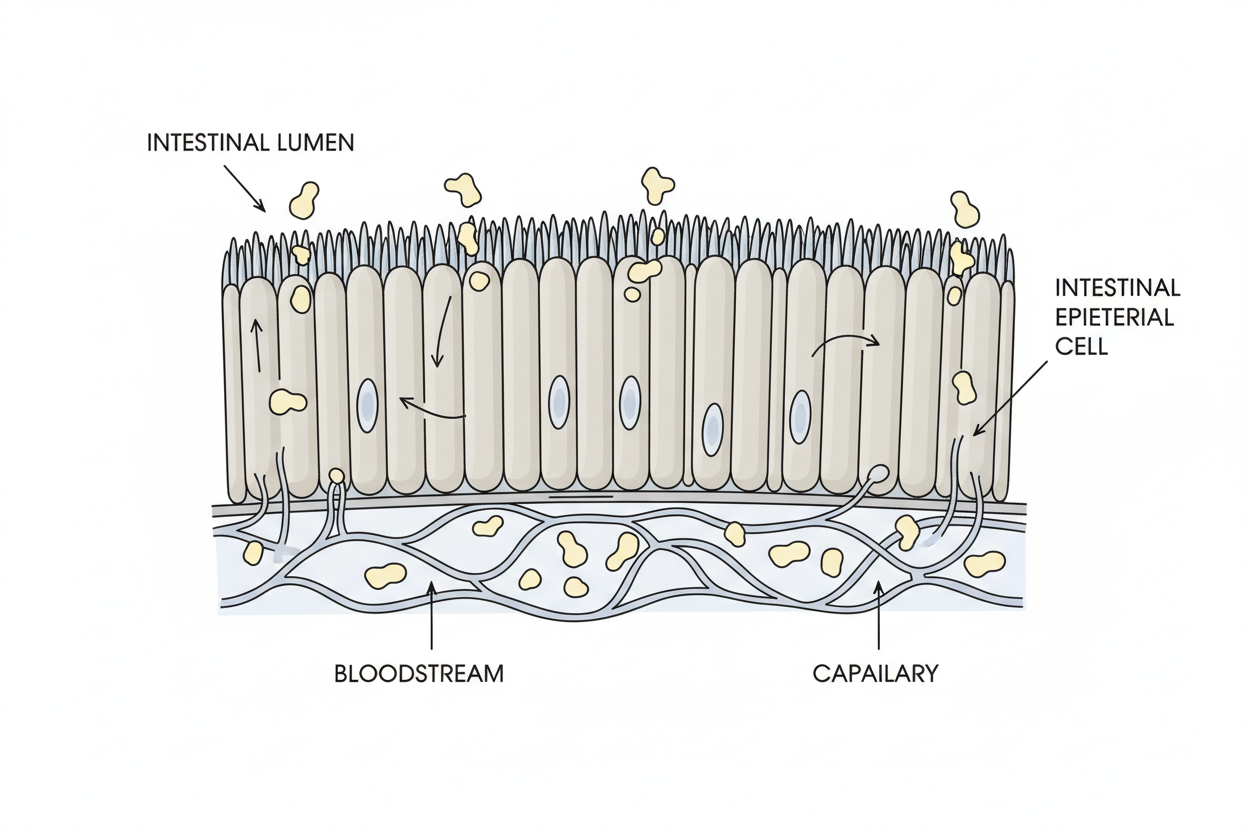 Illustration showing amino acids and digestive absorption in the small intestine