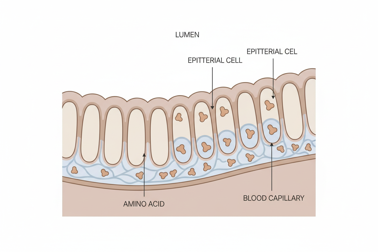 Illustration showing how amino acids are absorbed in the small intestine