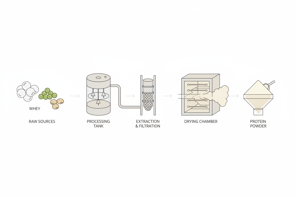 Illustration showing how protein powder ingredients are made