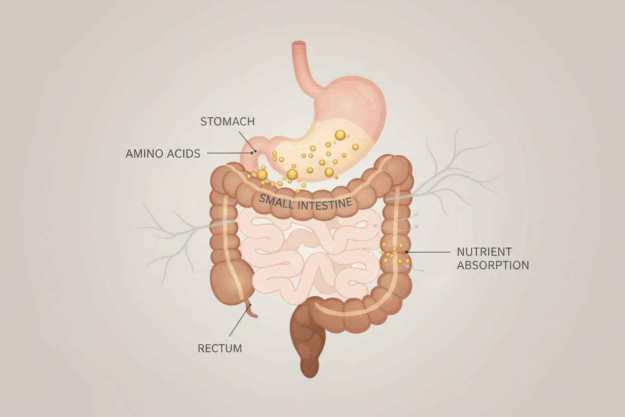 Educational illustration showing the digestive tract as a system supporting amino acid absorption, clean scientific style, neutral colors, minimal labels