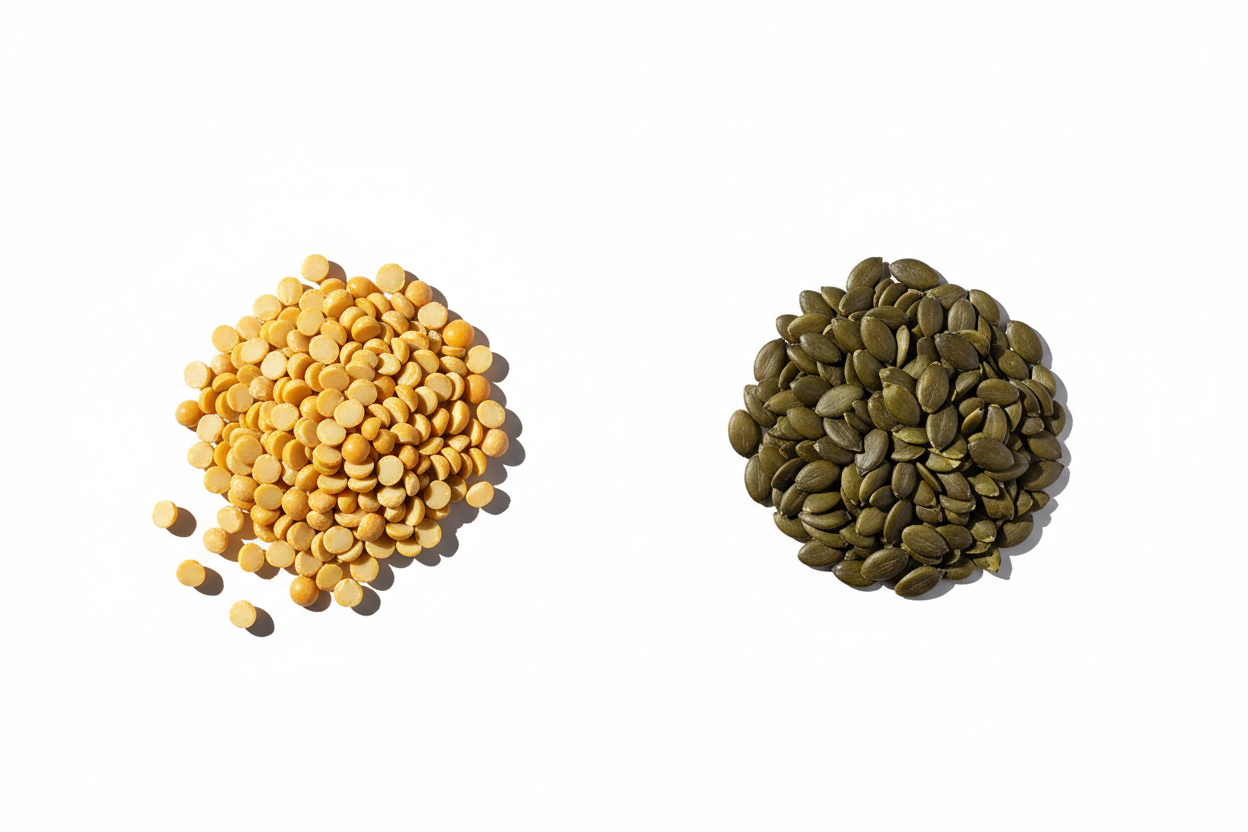 pea protein vs pumpkin seed protein comparison with clean natural ingredients on white background