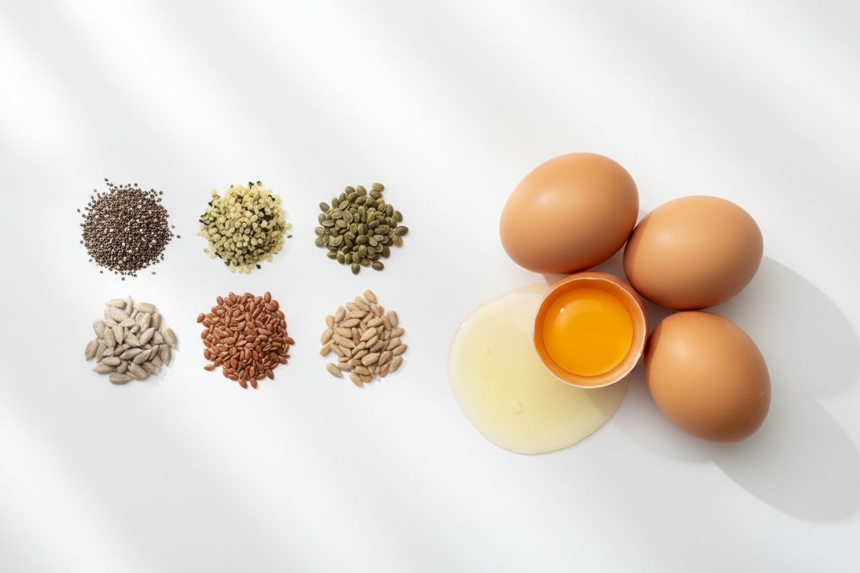 plant protein vs egg protein comparison with clean natural ingredients on white background