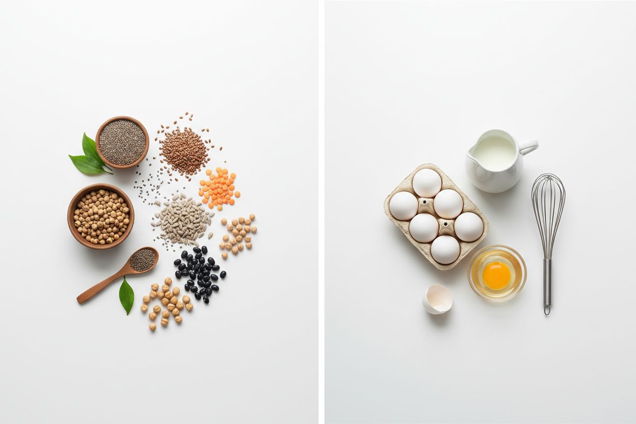 plant protein vs animal protein comparison with clean natural ingredient visuals on white background