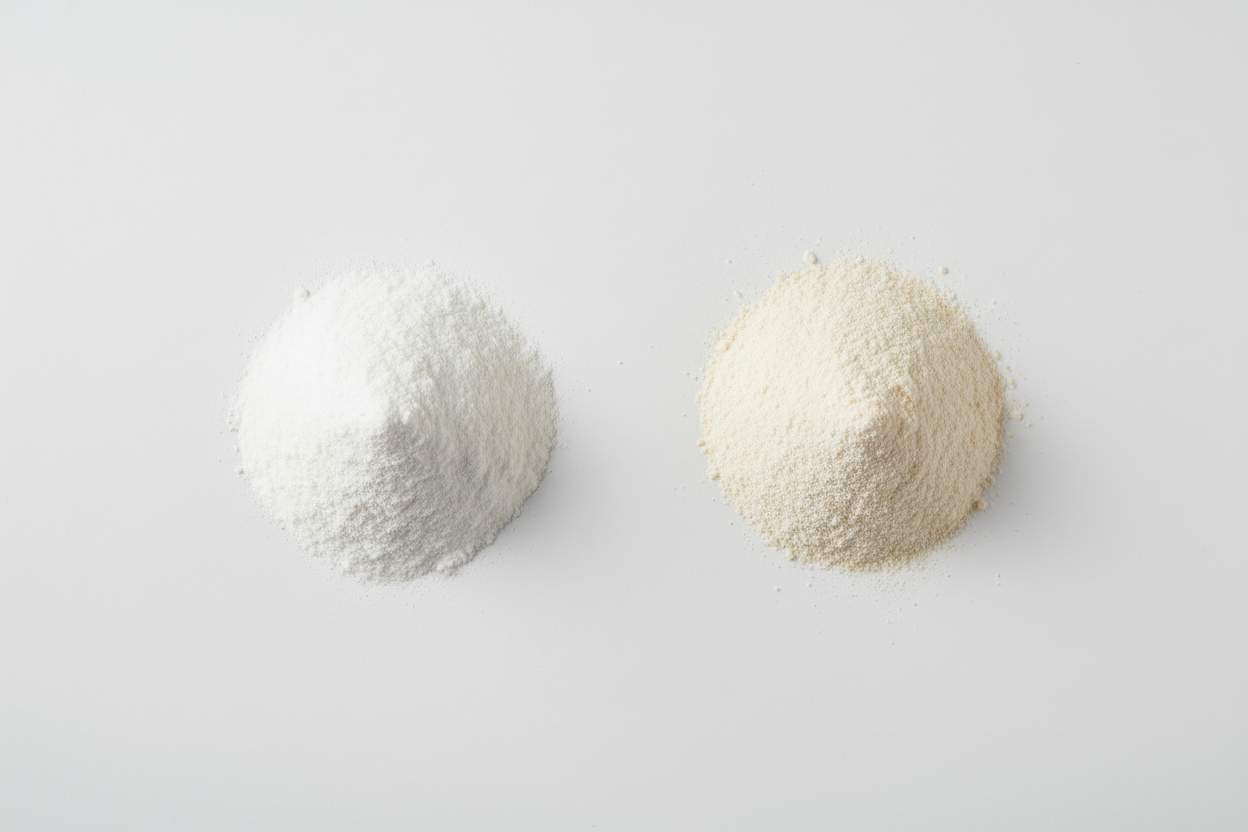 protein isolate vs concentrate comparison showing refined vs less processed powder on white background
