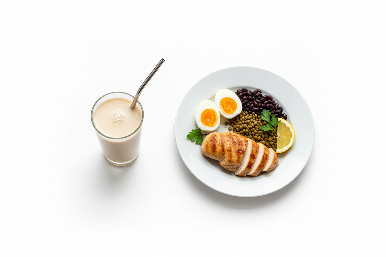 protein powder vs high protein diet comparison showing shake and meal on white background