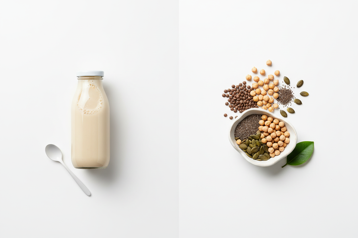 protein powder vs natural protein sources comparison showing shake and whole foods on white background
