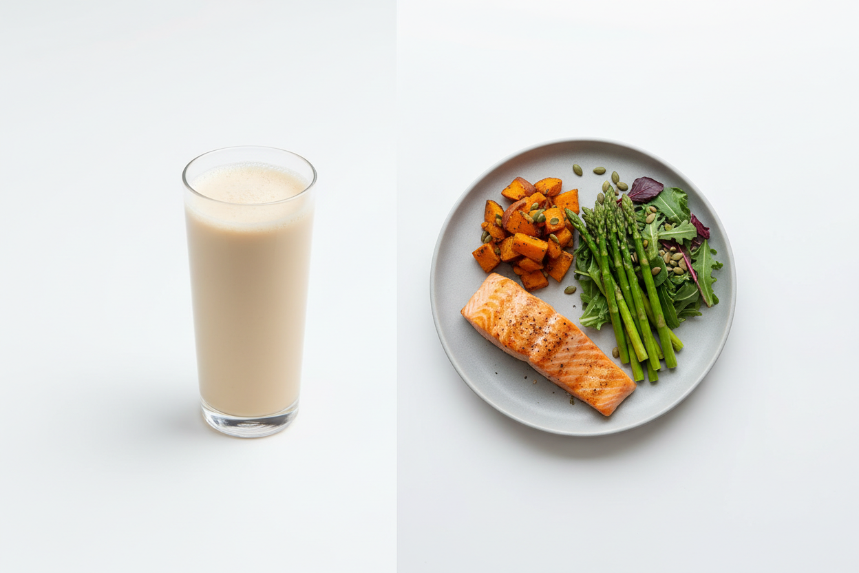 protein powder vs food first approach comparison showing shake and whole food meal on white background
