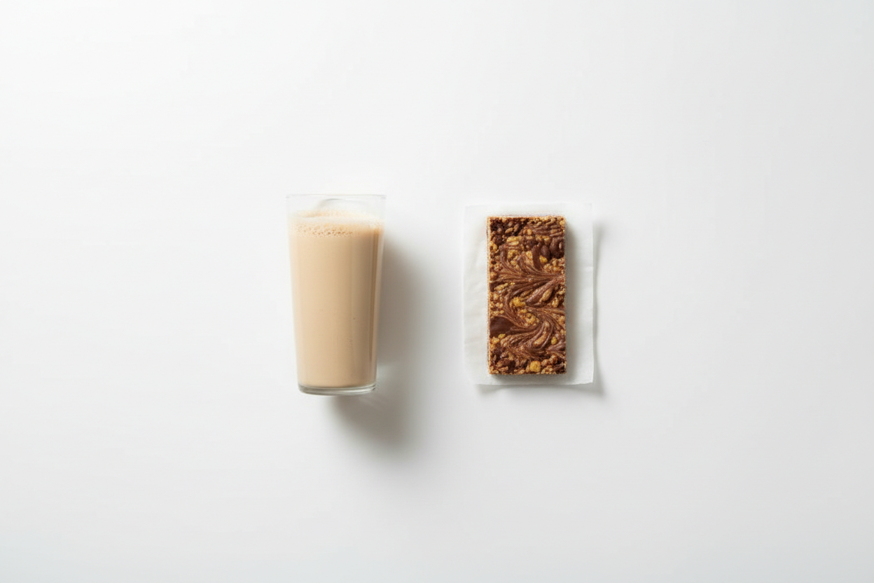 protein powder vs protein bars comparison showing shake and bar on white background