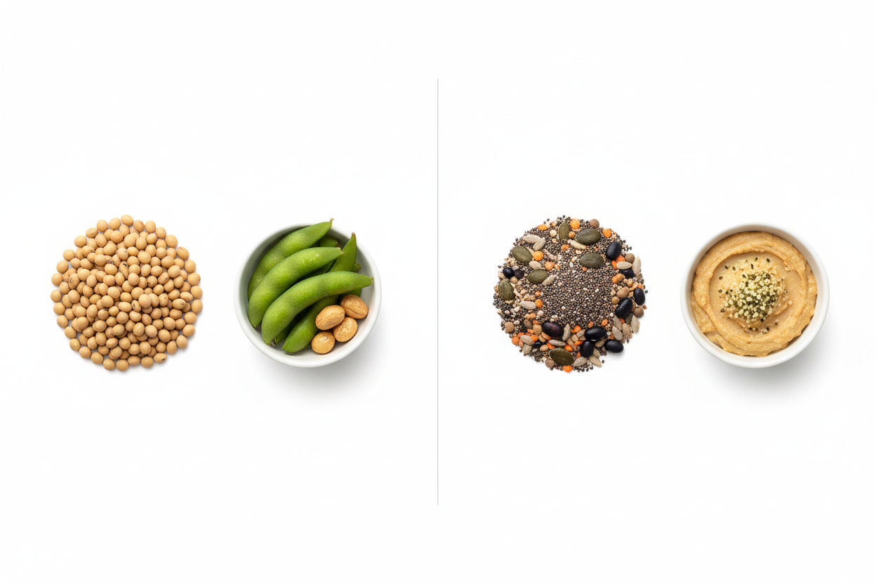 plant protein vs soy protein comparison with clean natural ingredients on white background