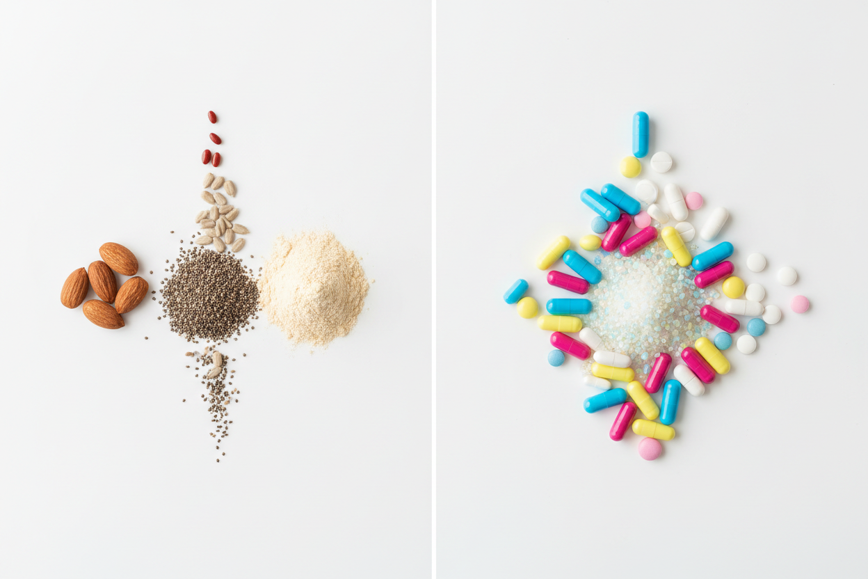 protein powder without additives explained clean simple ingredients vs complex formula on white background