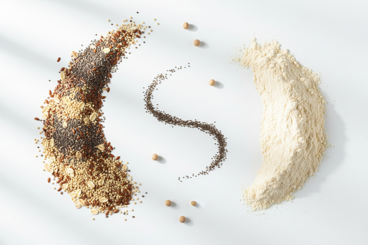 does fiber help or hurt protein digestion concept with balanced natural ingredients on white background