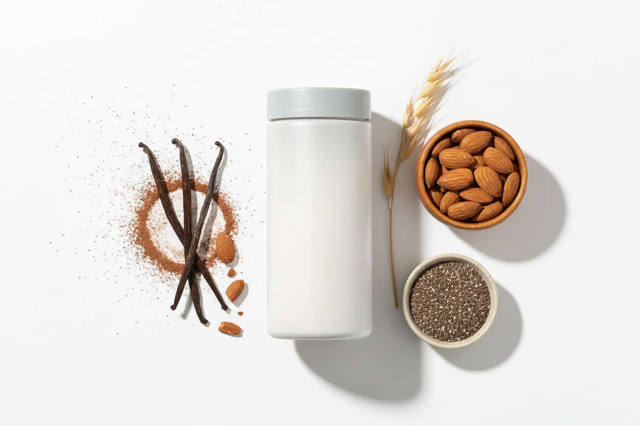 protein powder flavoring ingredients explained with simple clean flavor elements on white background