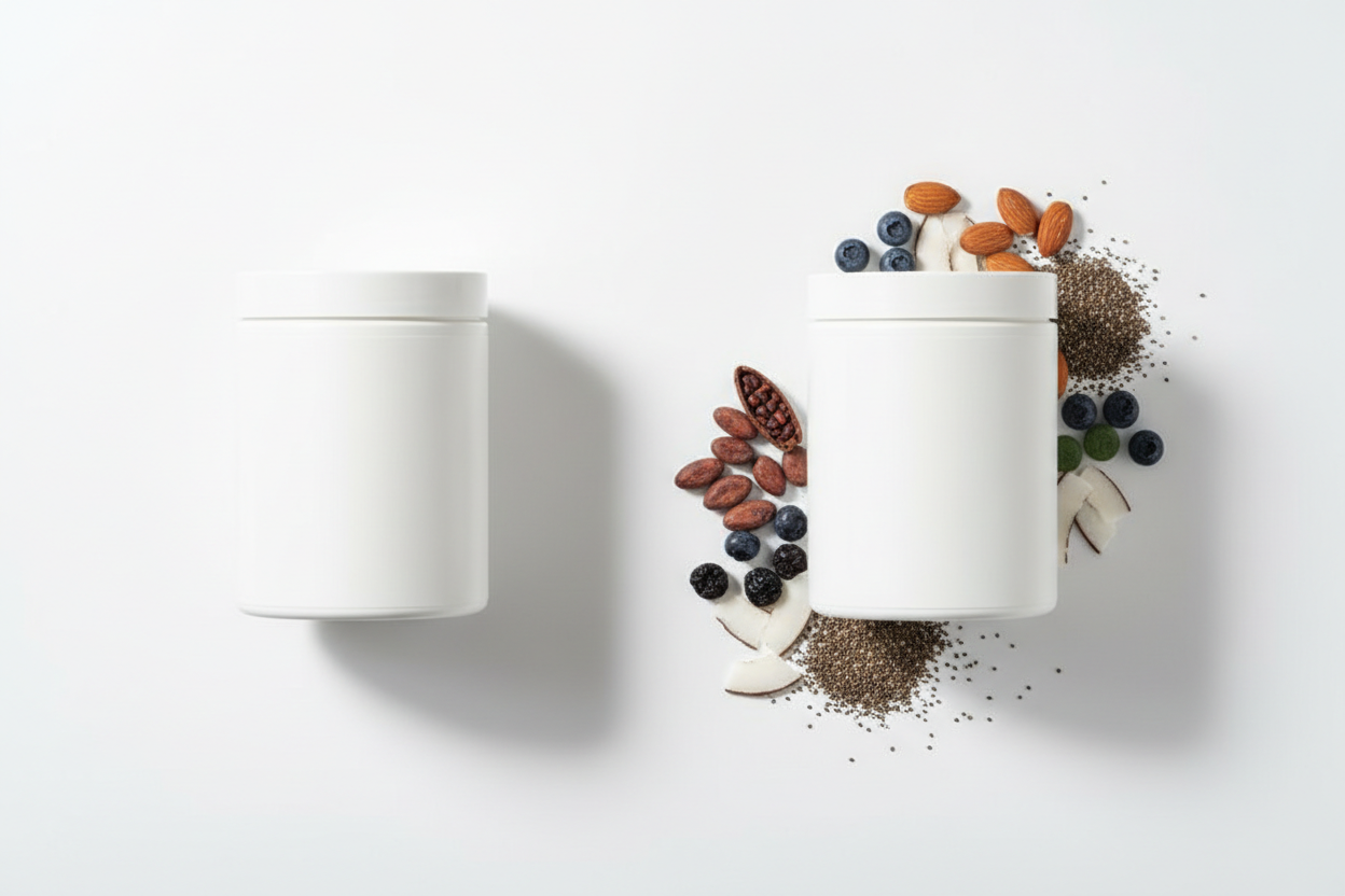 comparison of simple and complex protein powder formulations representing price and quality differences
