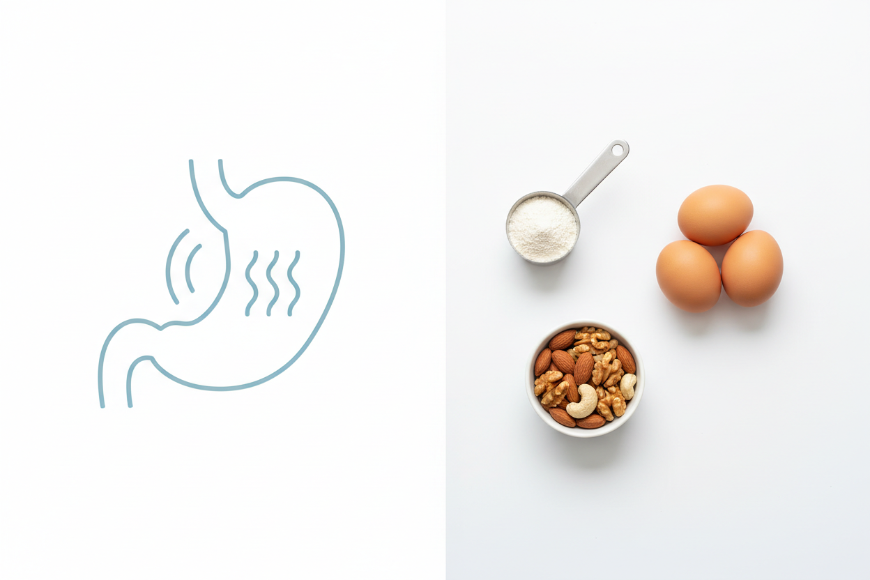 why protein powder causes gas concept with simple and complex protein ingredients on white background