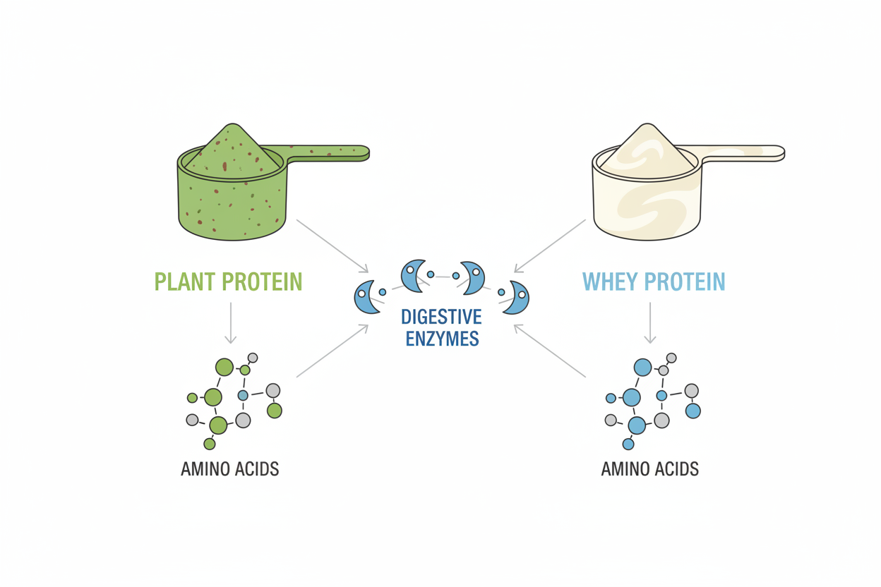 Illustration comparing plant protein vs whey protein digestion