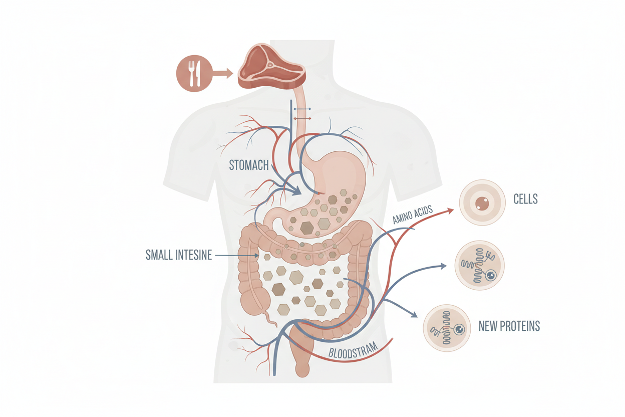 Overview illustration explaining protein metabolism from digestion to cellular use