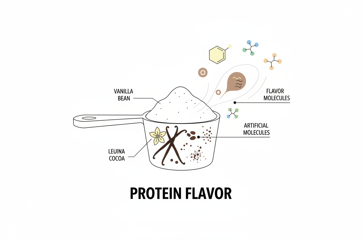 clean educational illustration showing protein powder scoop with vanilla beans, cocoa powder, and flavor molecules representing flavoring ingredients in protein powders minimalist food science infographic style