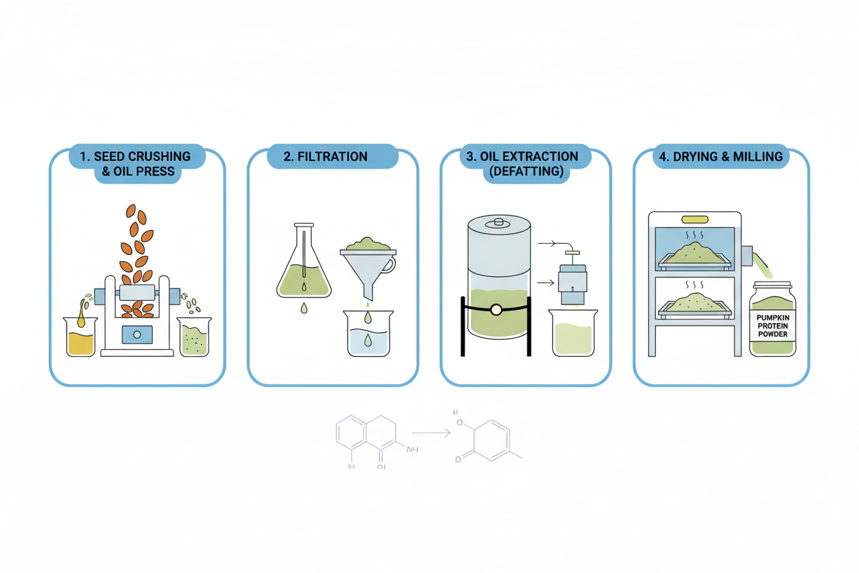 Illustration showing how pumpkin seed protein is produced from pumpkin seeds