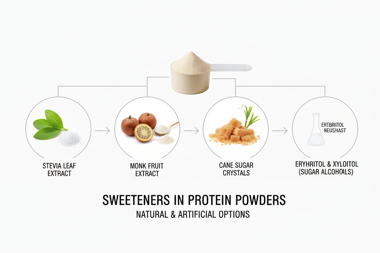 Illustration showing common sweeteners used in protein powders such as stevia, monk fruit, and sugar