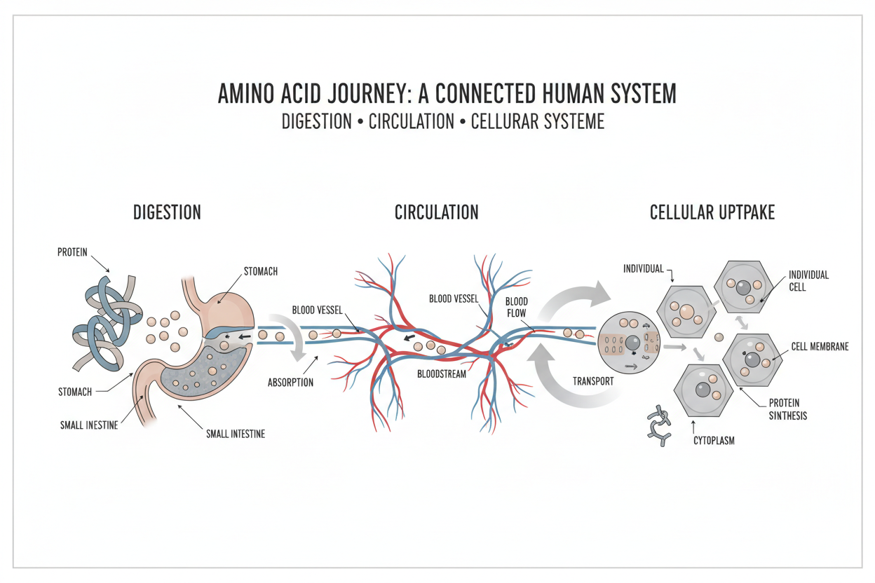 Diagram showing amino acids as part of an integrated biological system