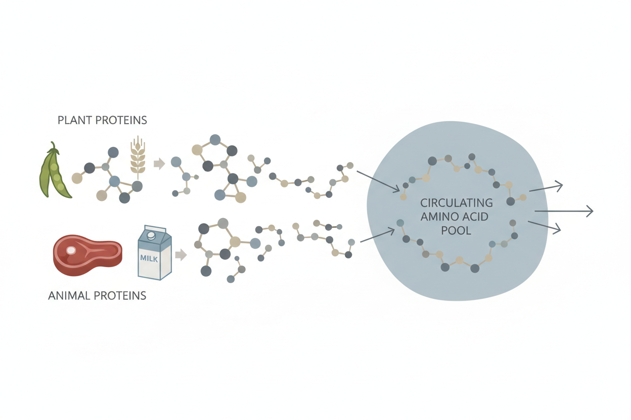 Illustration showing amino acids from plant and animal proteins entering the same circulation