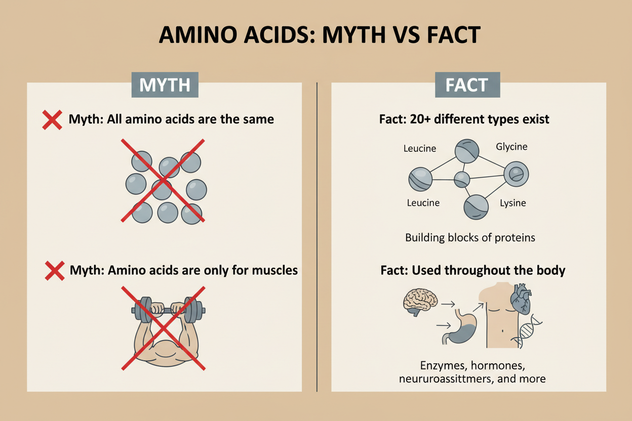 Illustration explaining common myths about amino acids