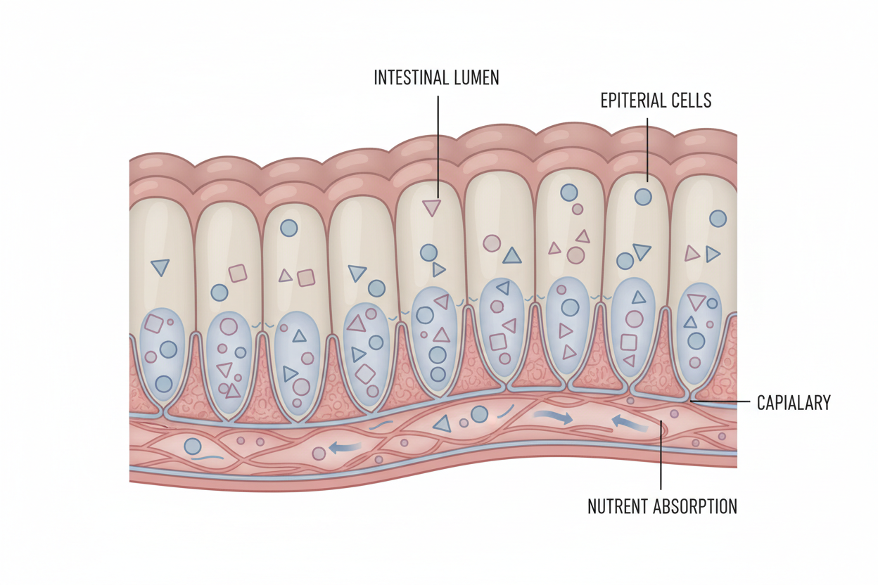 Illustration showing amino acids and protein absorption in the small intestine