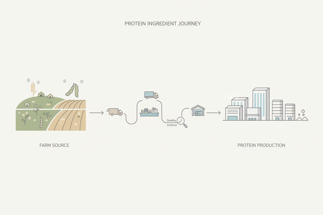 Illustration showing protein ingredient sourcing from origin to processing