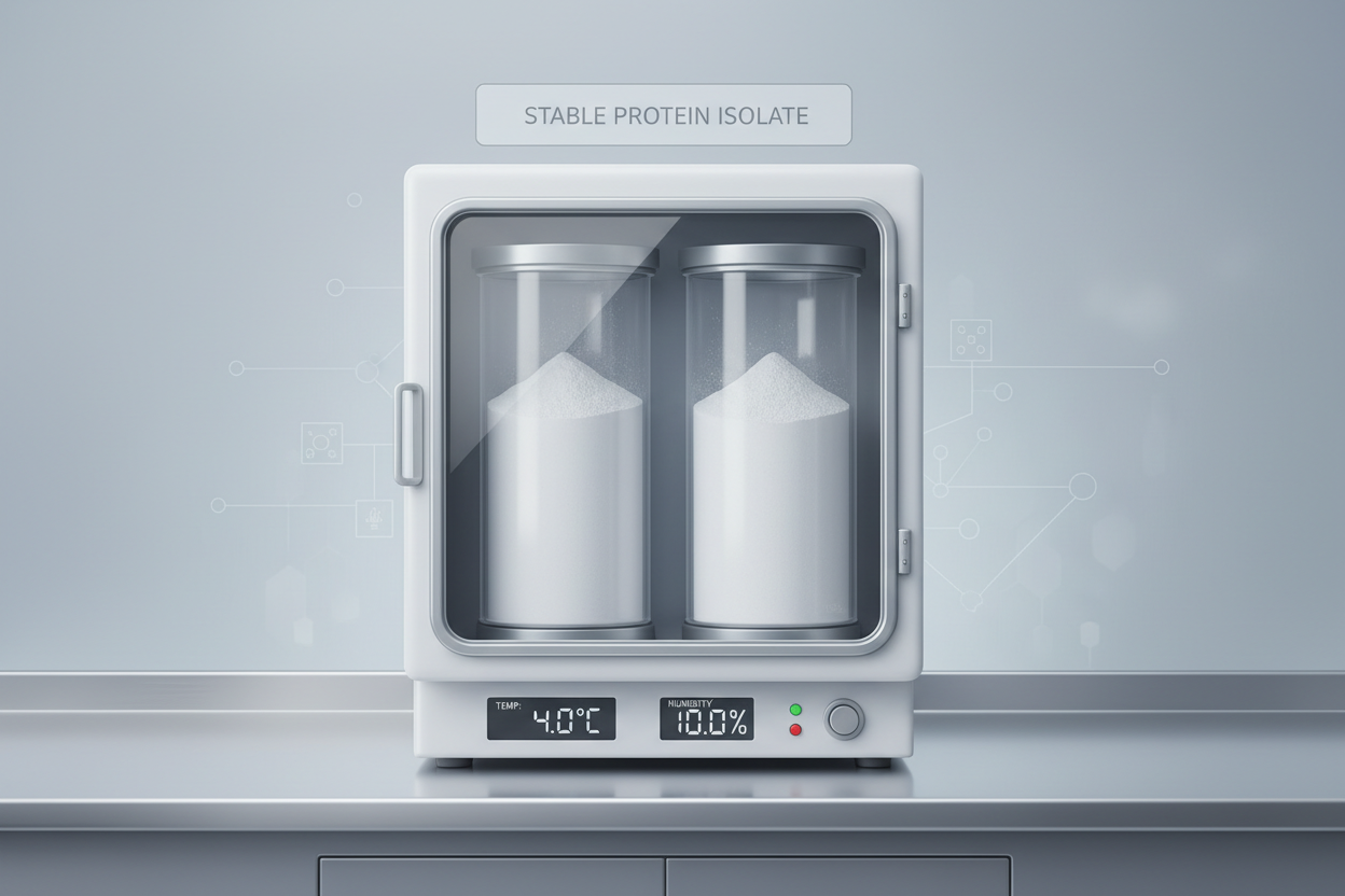 illustration showing stable protein powder stored under controlled conditions, clean scientific style, neutral colors, minimal labels