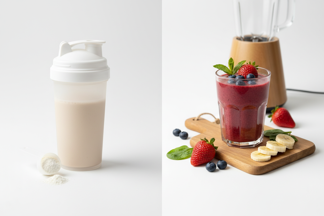 protein powder vs homemade protein drinks comparison showing shake and smoothie on white background