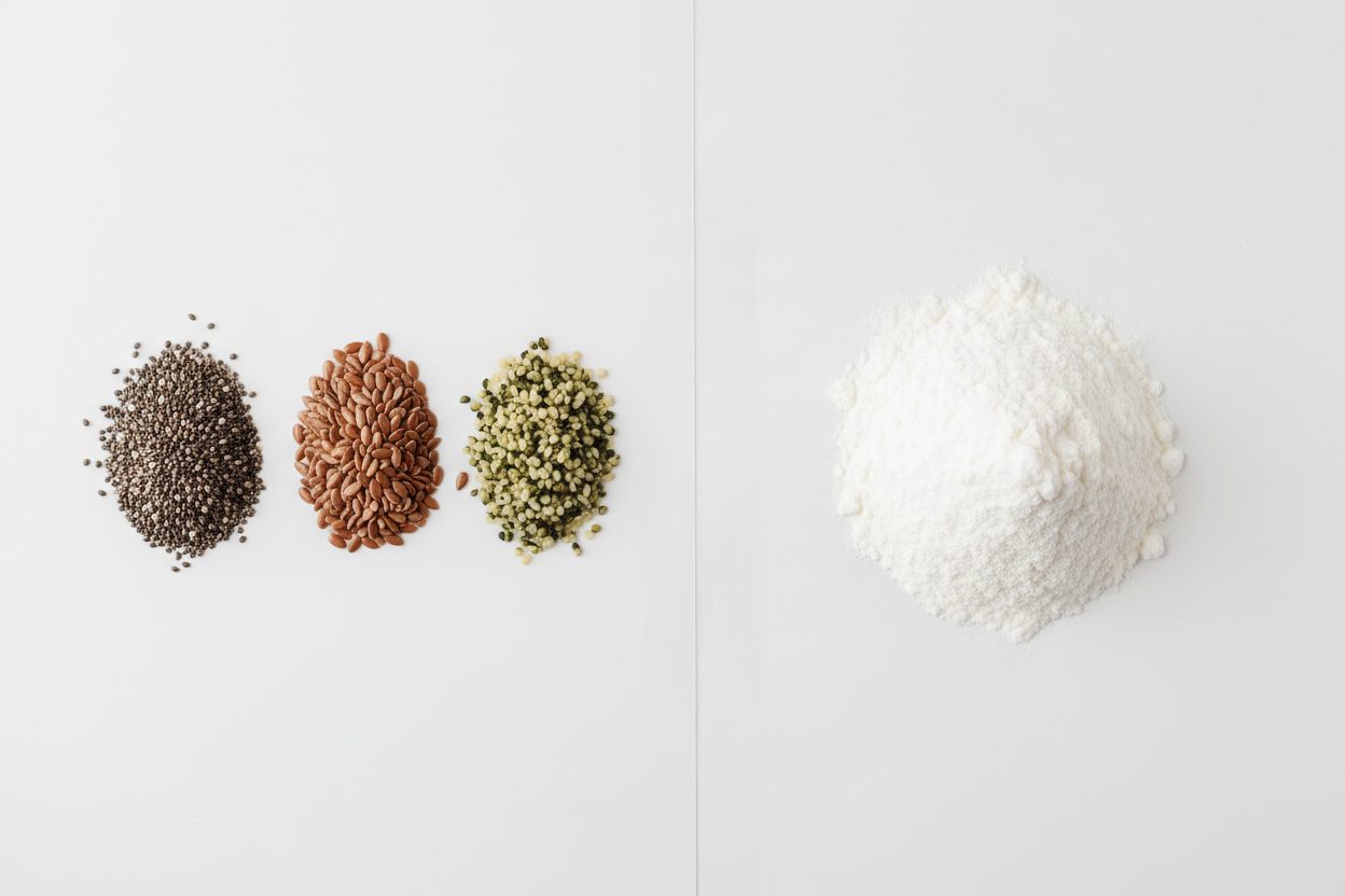 plant protein vs whey protein comparison with clean ingredients on white background