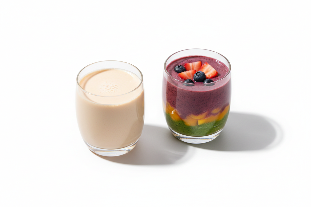 protein powder vs smoothies explained comparison showing shake and smoothie on white background