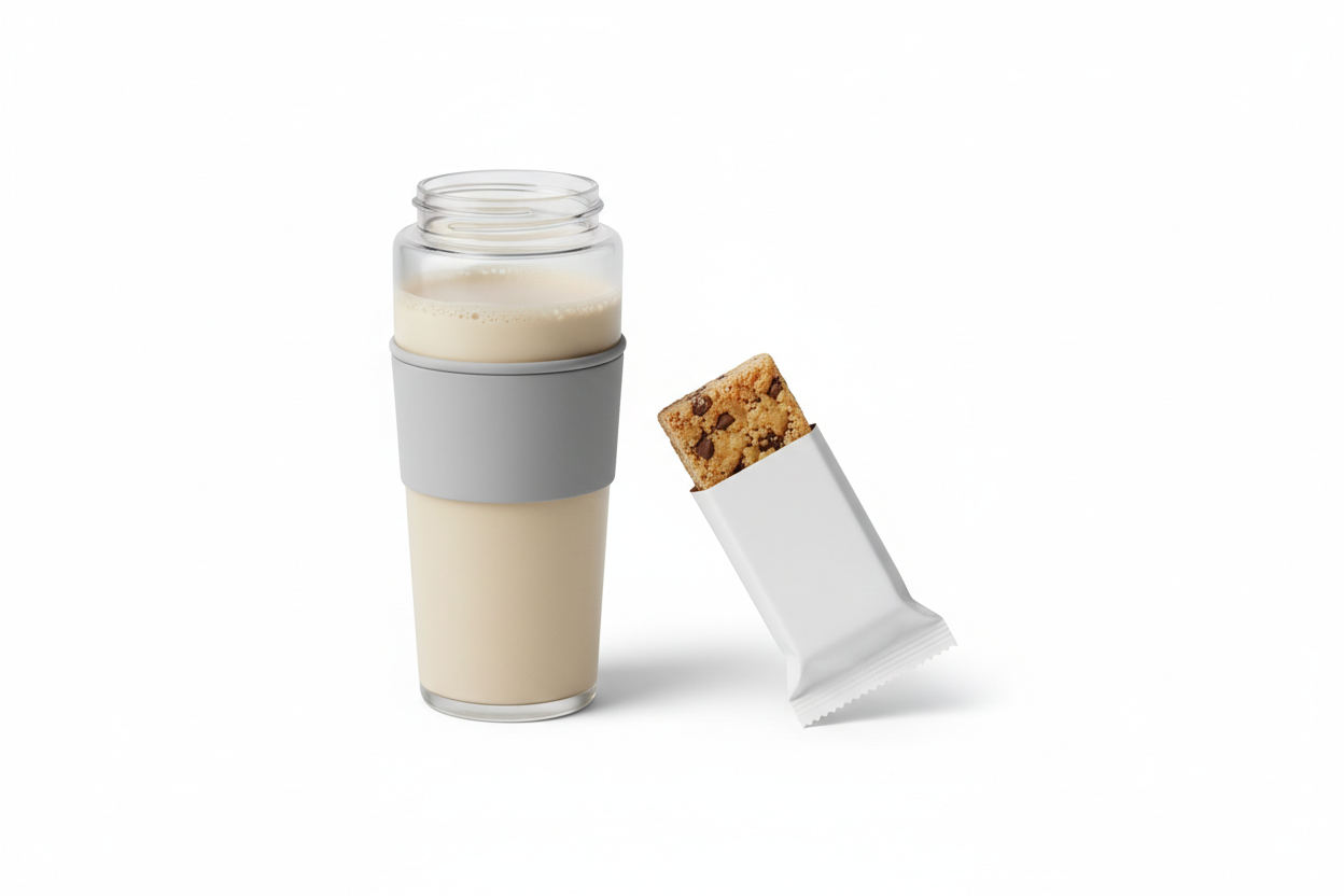 protein powder vs high protein snacks comparison showing shake and snack on white background