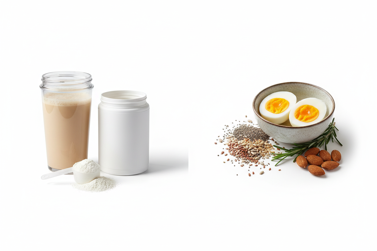 protein powder vs real food protein comparison showing shake and whole foods on white background
