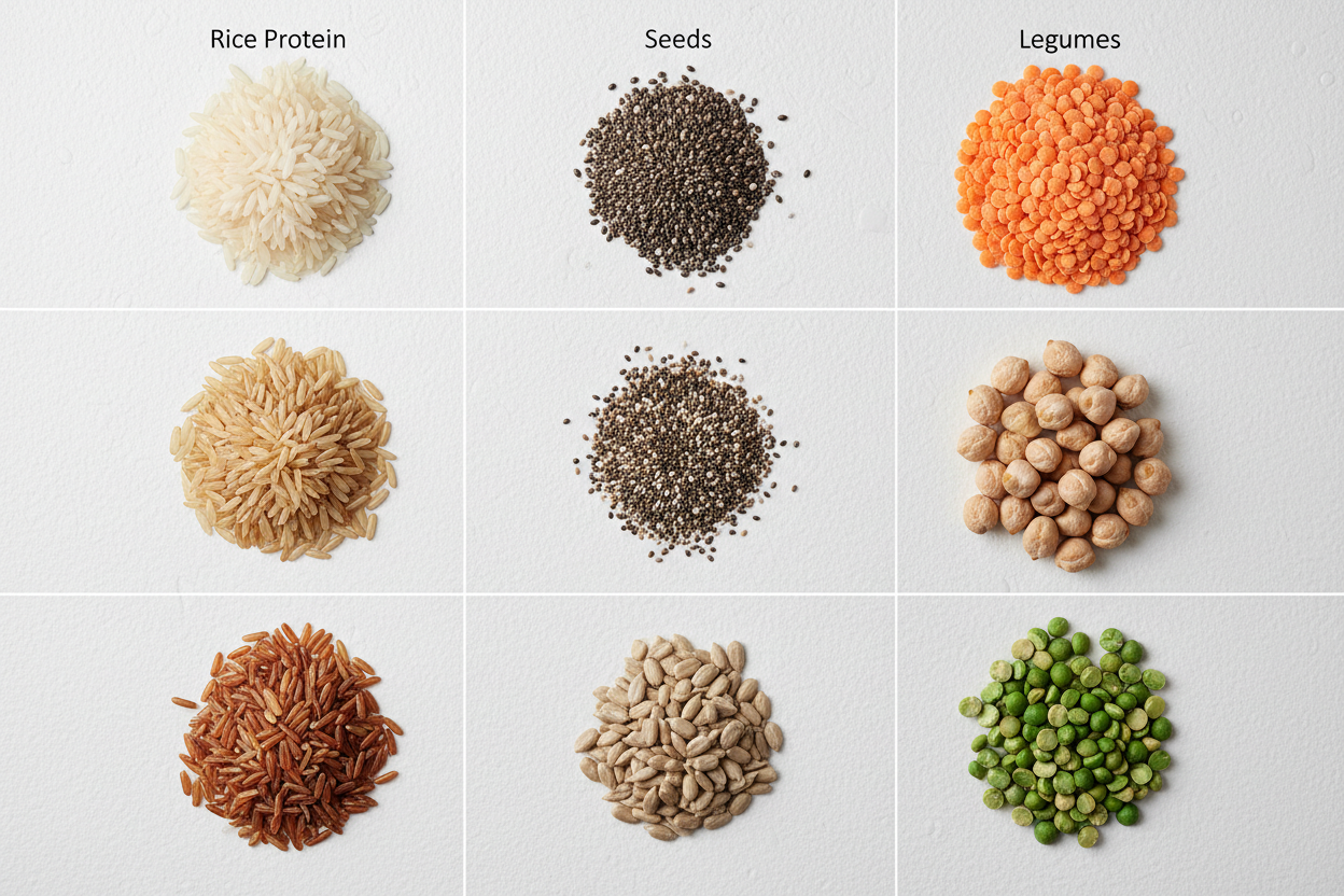 plant protein vs rice protein comparison with clean natural ingredients on white background