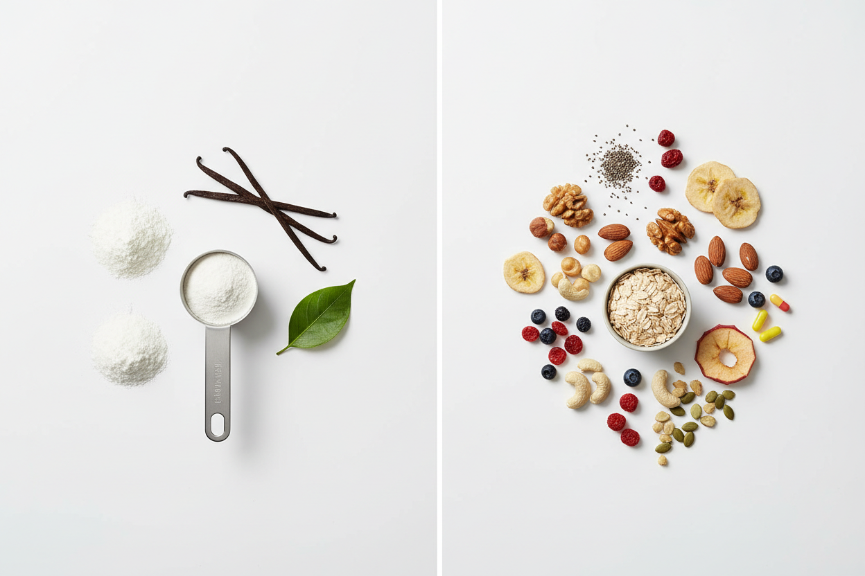 protein powder vs meal replacement comparison showing simple vs complex ingredient structure on white background