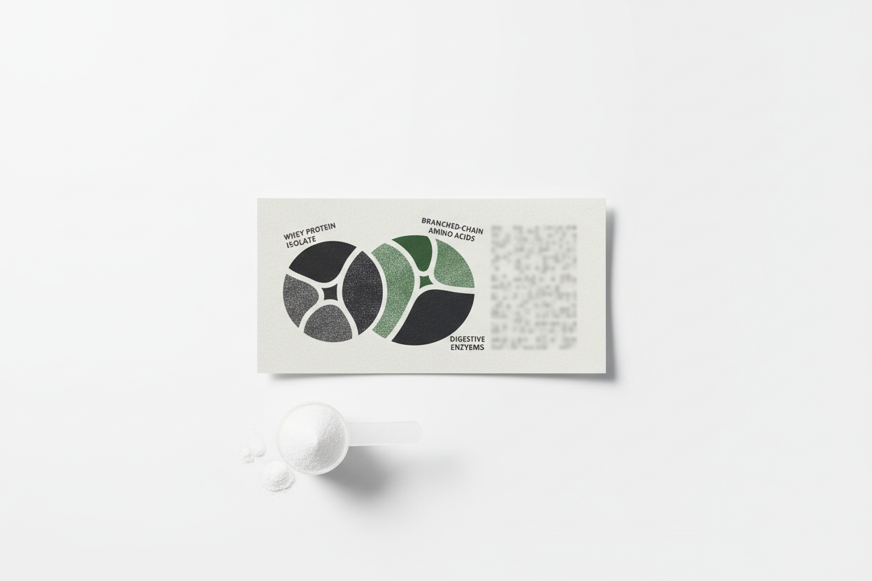 Minimalist concept showing a protein label with some ingredients highlighted and others faded to represent hidden components, clean white background, modern and simple, no text