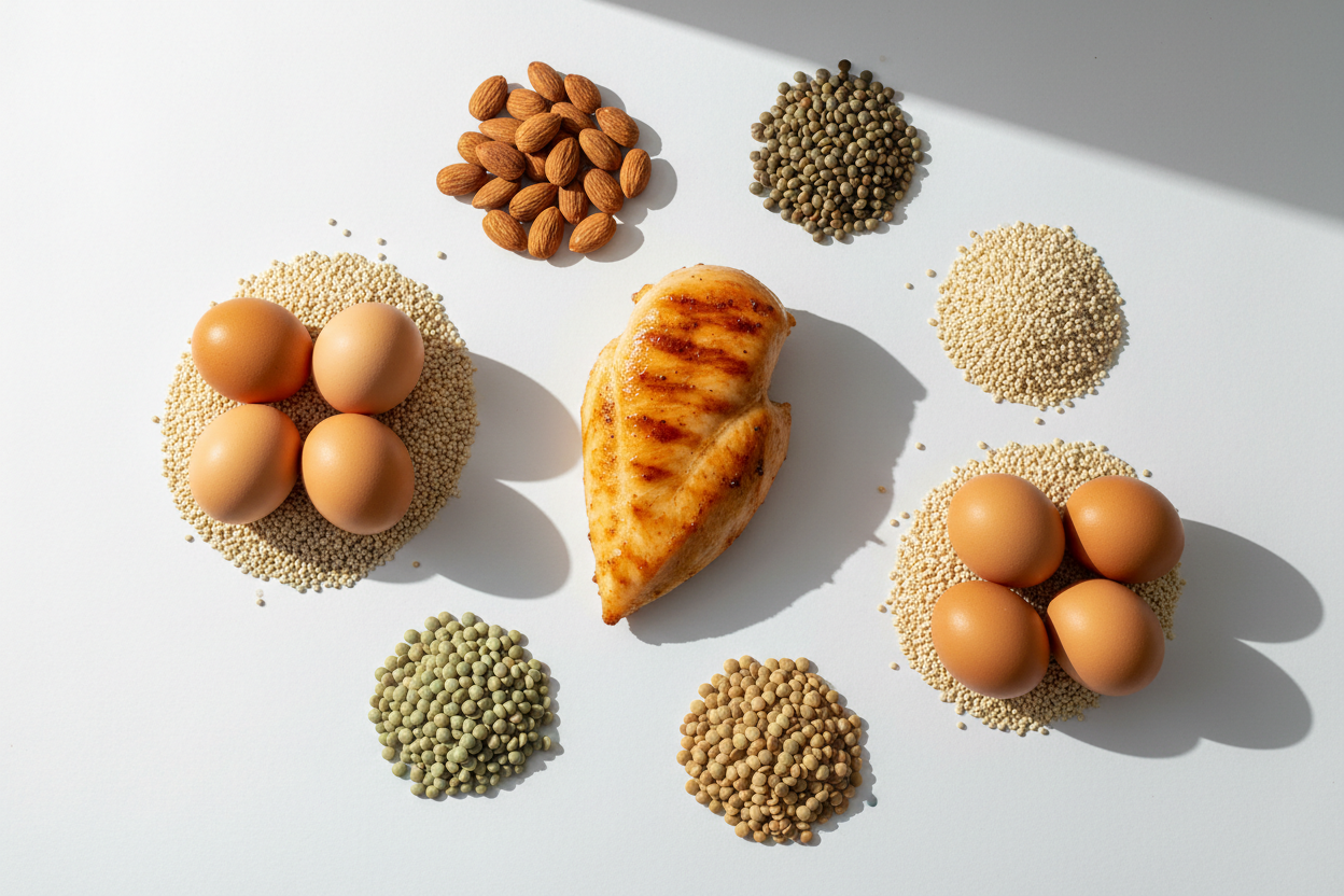 protein powder ingredient sourcing guide showing natural raw ingredients on white background