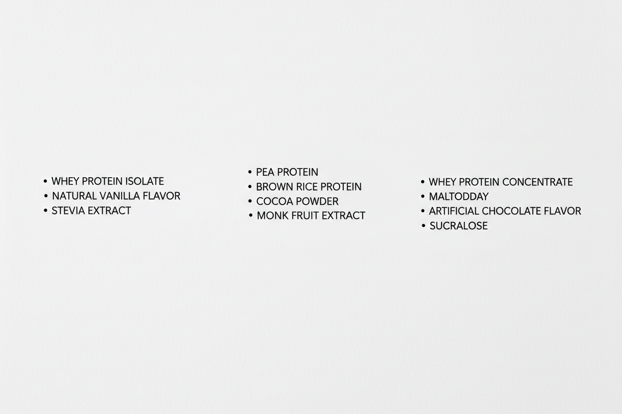 protein powder comparison guide showing multiple ingredient lists on white background