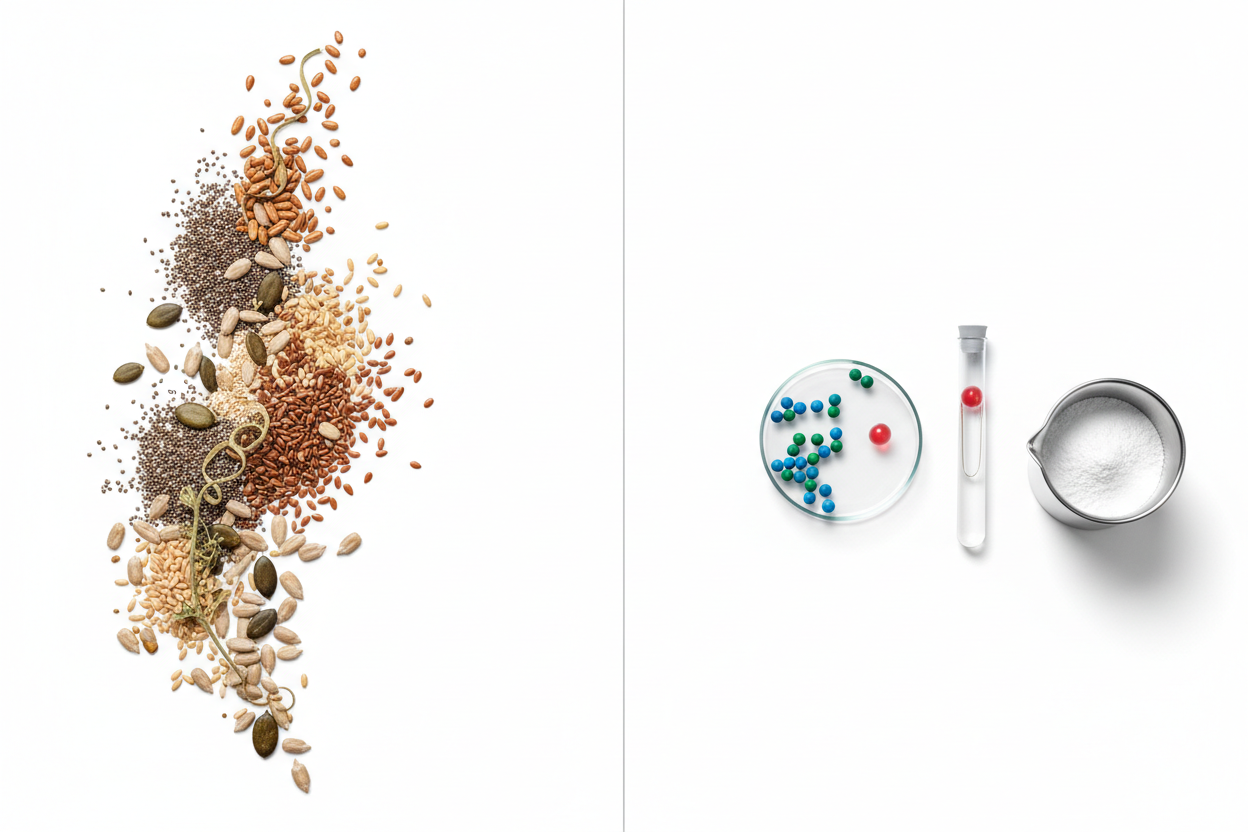 artificial vs natural protein powder ingredients comparison with clean visual contrast on white background