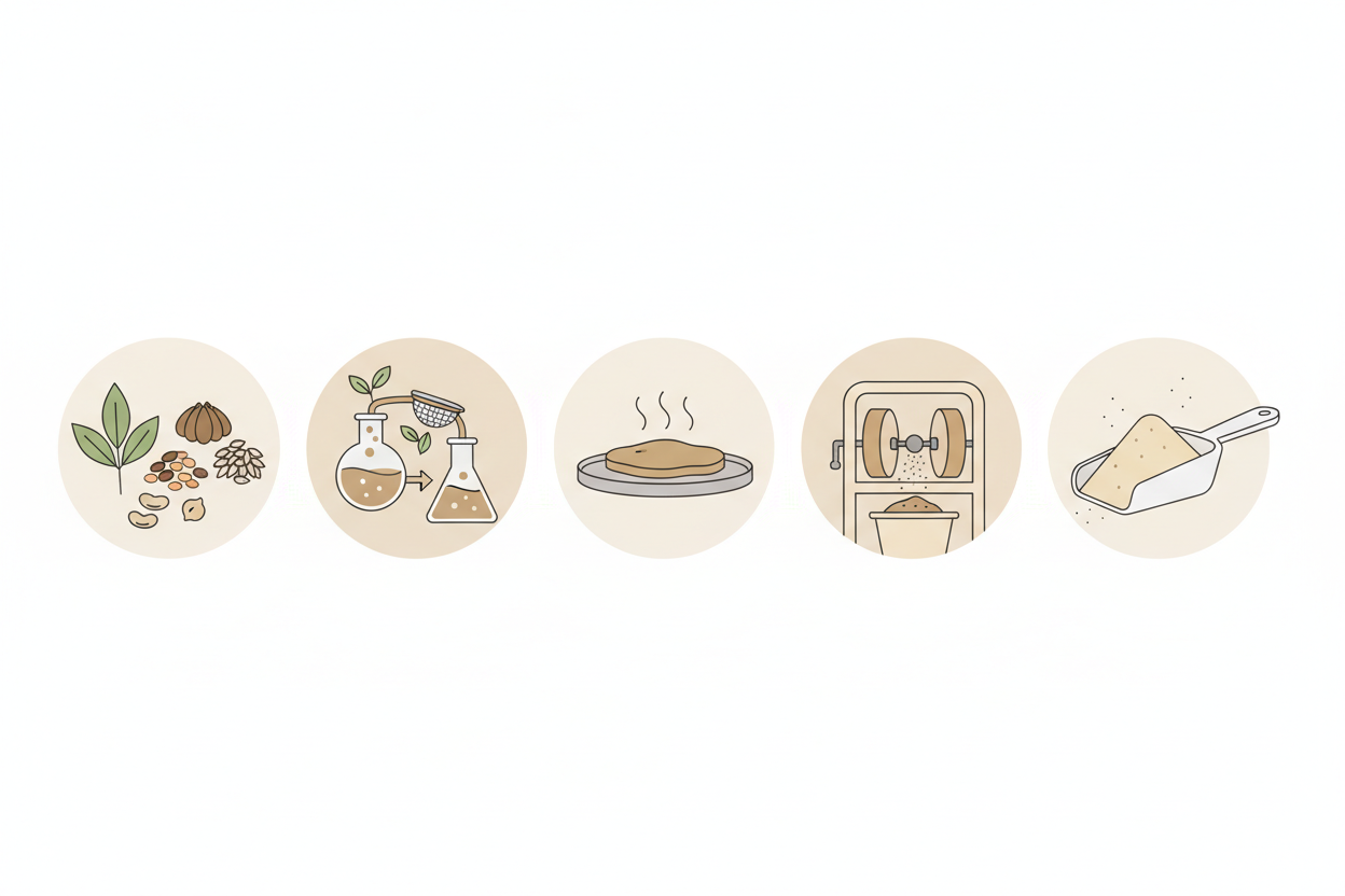 how protein powder is really made process from raw ingredients to powder on white background