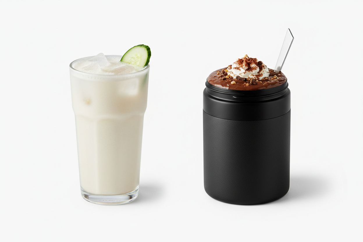 how to choose a protein powder that feels lighter comparison of simple and heavy protein formulas on white background