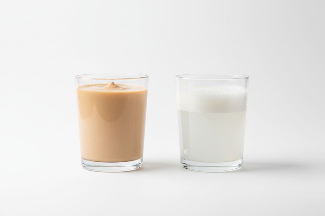 protein powder without gums or thickeners comparison of simple and engineered protein formulas on white background