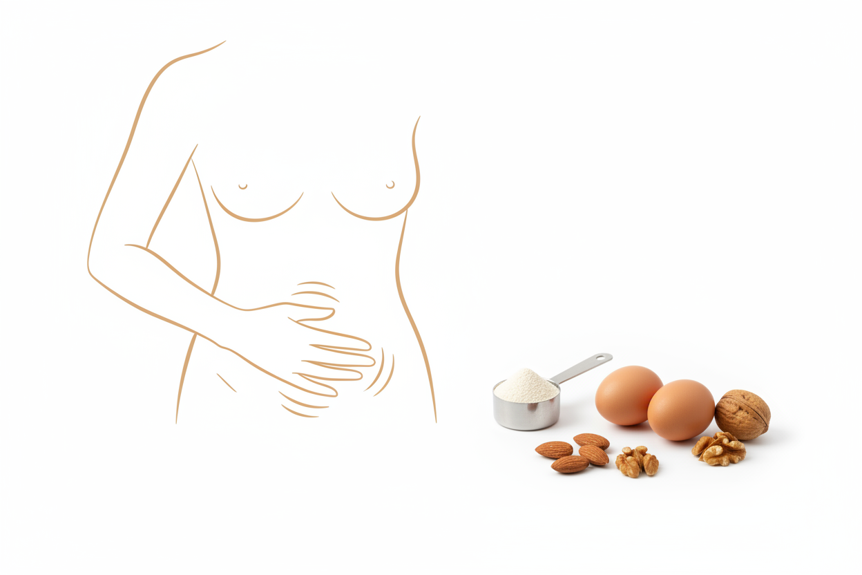 why protein powder upsets your stomach concept with simple and complex protein ingredients on white background